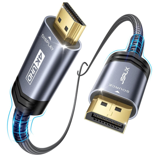 Displayport to HDMI Cable 10FT, Uni Directional, DP Source to HDMI Display, UHD 1440P/2K@60Hz, 4K@30Hz, Nylon Cord for Desktops, Graphics Cards, and Laptops with Native Displayport Output