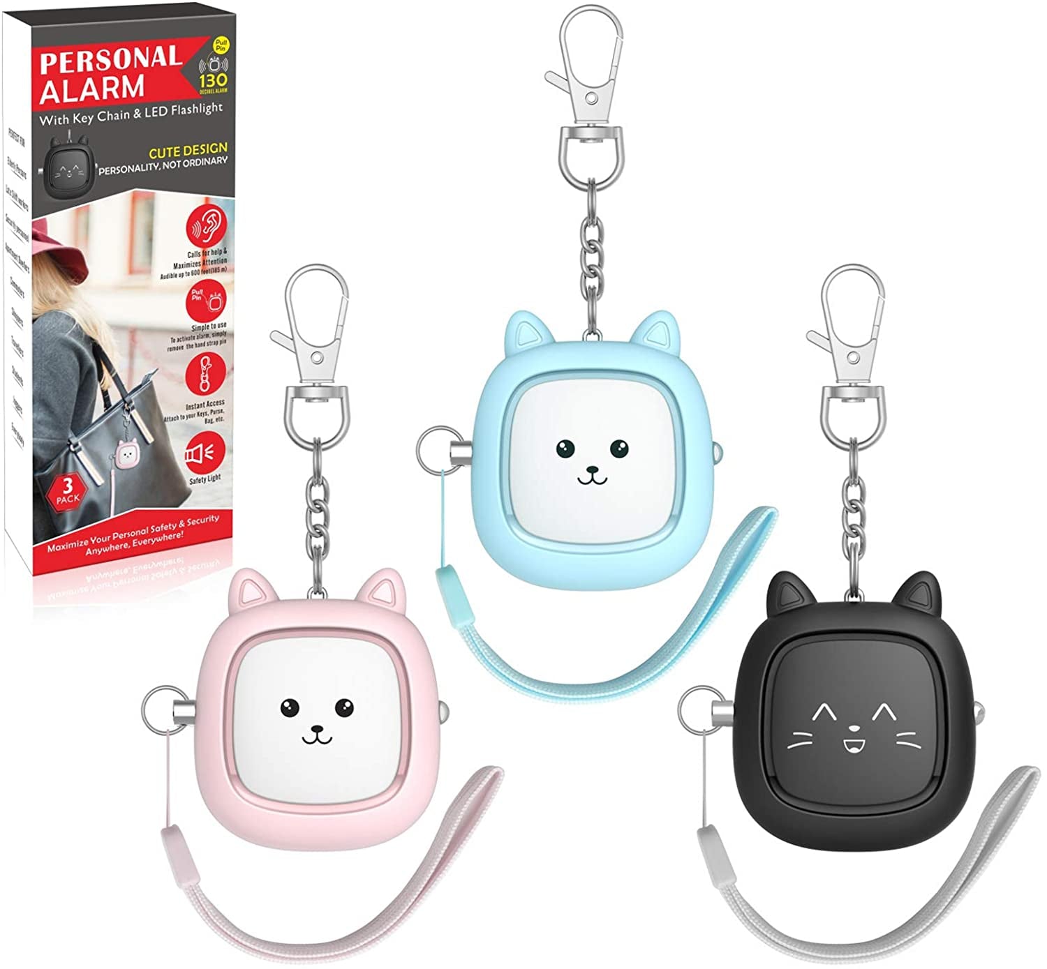 Personal Safety Alarm,  3 Pack Loud 130Db Siren Emergency Panic Alarm with LED Light, Easy Pull Pin Keychain Self-Defense Security Alarm for Women, Seniors, Kids