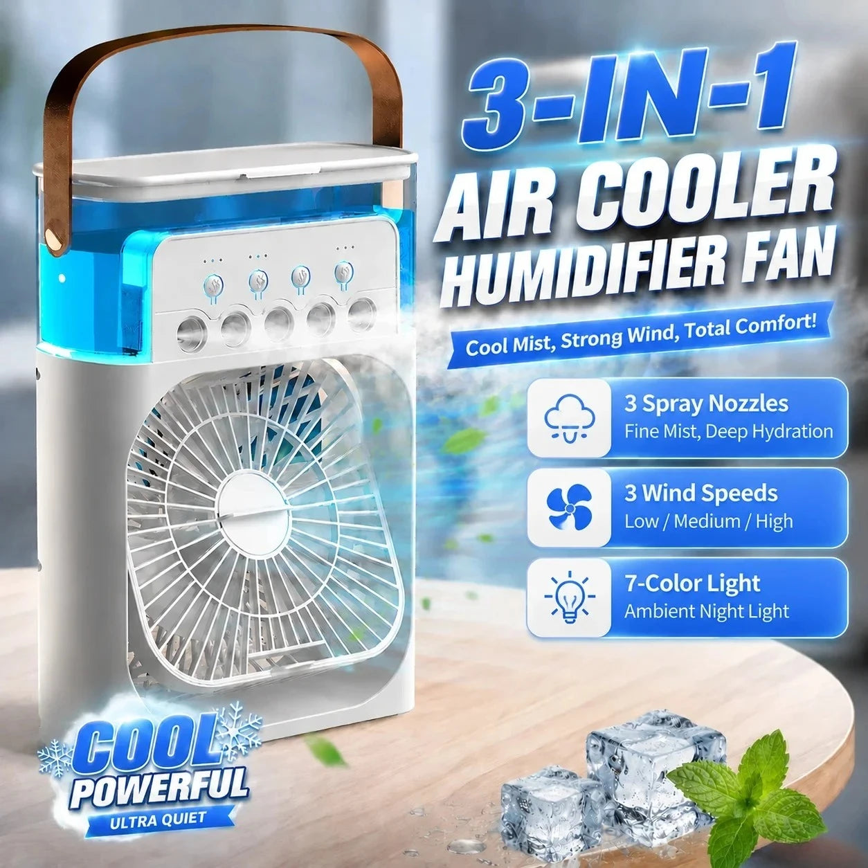 Portable Fan Air Conditioners USB Electric Fan Air Cooler LED Night Light Water Mist Fun 3 in 1 Air Humidifier for Home