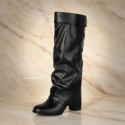 Women's Tall Fold-Over Cuff Knee-High Boots – Gold Stud Detail Chunky Heel