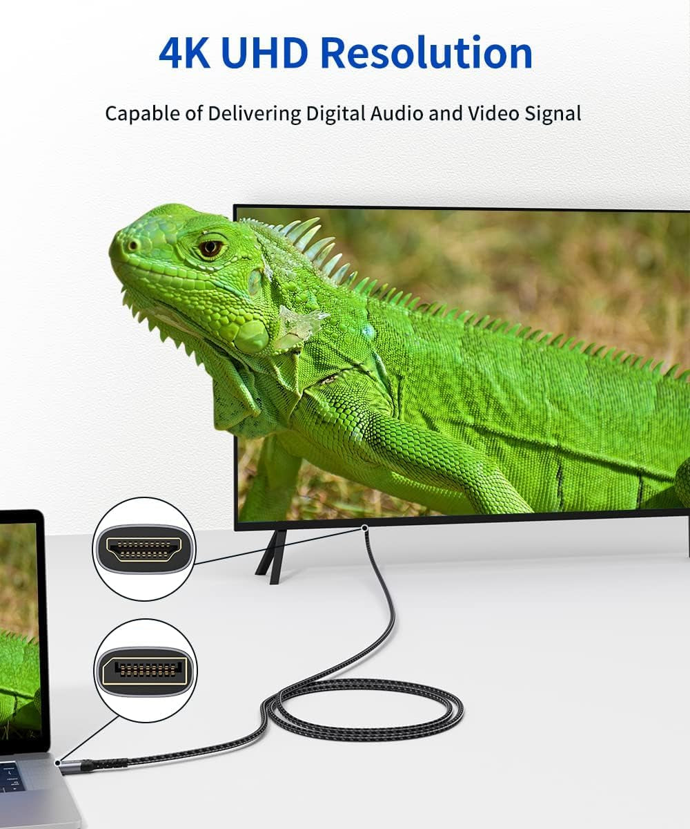 Displayport to HDMI Cable 10FT, Uni Directional, DP Source to HDMI Display, UHD 1440P/2K@60Hz, 4K@30Hz, Nylon Cord for Desktops, Graphics Cards, and Laptops with Native Displayport Output