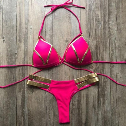 Golden Bikini Set Padded Women Swimsuit Push Up Swimwear Summer Beachwear Bathing Suit Women's Push Up Two Piece Bikini Swimsuits Elegant Lace Up Bathing Suits